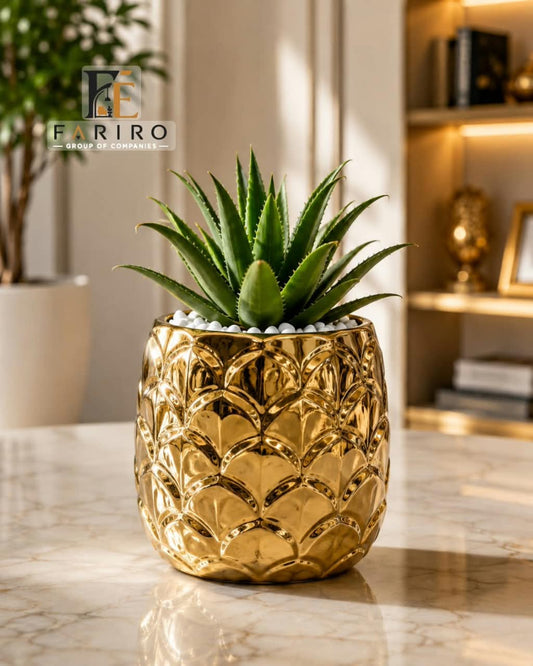 Premium Golden Ceramic Planter with Artificial Succulent | Luxury Decorative Plant Pot