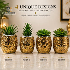 Premium Golden Ceramic Planter with Artificial Succulent | Luxury Decorative Plant Pot