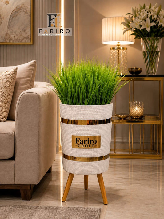 Luxury Gold Accent Planter with Wooden Stand | Single Piece Decorative Plant Pot | Modern Home & Office Décor