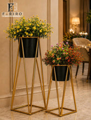 Premium Gold Metal Plant Stand Set of 2 | Modern Tall & Short Plant Stands | Black Pot Holders