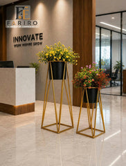 Premium Gold Metal Plant Stand Set of 2 | Modern Tall & Short Plant Stands | Black Pot Holders