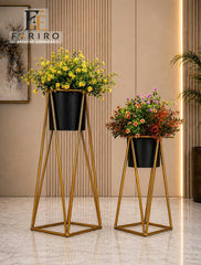 Premium Gold Metal Plant Stand Set of 2 | Modern Tall & Short Plant Stands | Black Pot Holders