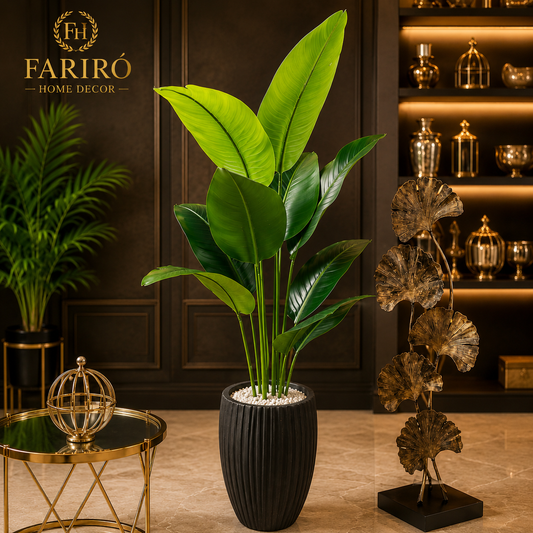 Premium Artificial Tropical Green Plant with Ribbed Decorative Planter