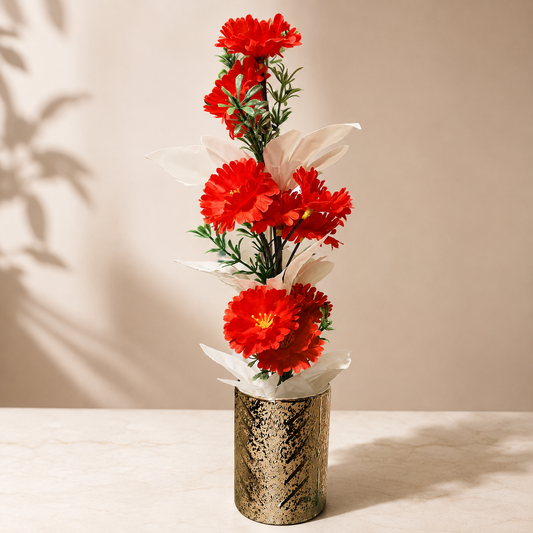 Red Artificial Flower Bouquet with Decorative Gold Vase