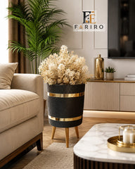 Luxury Gold Accent Planter with Wooden Stand | Single Piece Decorative Plant Pot | Modern Home & Office Décor