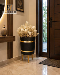 Luxury Gold Accent Planter with Wooden Stand | Single Piece Decorative Plant Pot | Modern Home & Office Décor