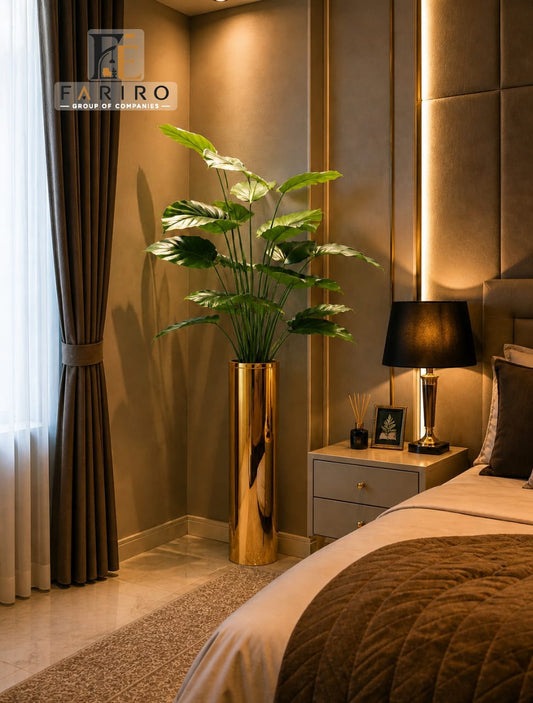Luxury Gold Metal Planter with Artificial Plant | Tall Decorative Floor Planter | Home & Office Décor