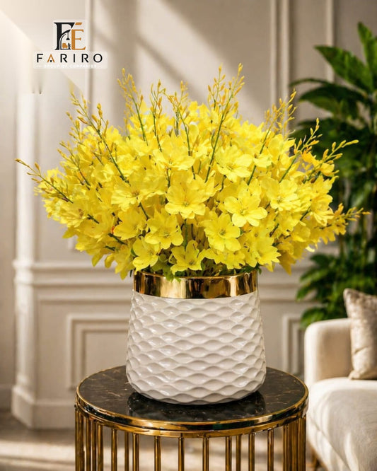 Elegant White Fiber Planter with Golden Rim | Luxury Decorative Flower Pot | Modern Home & Office Décor