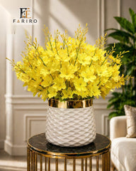 Elegant White Fiber Planter with Golden Rim | Luxury Decorative Flower Pot | Modern Home & Office Décor