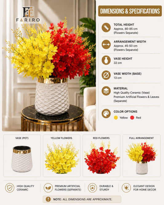 Elegant White Fiber Planter with Golden Rim | Luxury Decorative Flower Pot | Modern Home & Office Décor