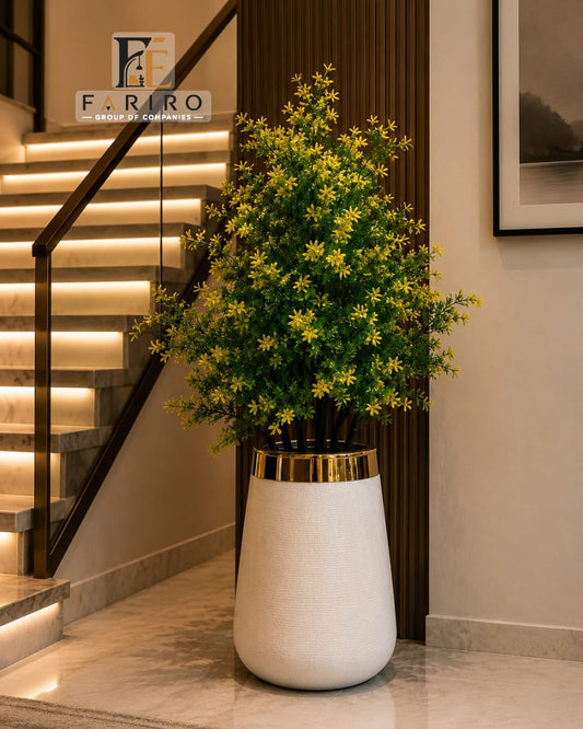Artificial Greenery Plant with Premium Fiber Pot | White & Black Luxury Decorative Planter | Home & Office Décor