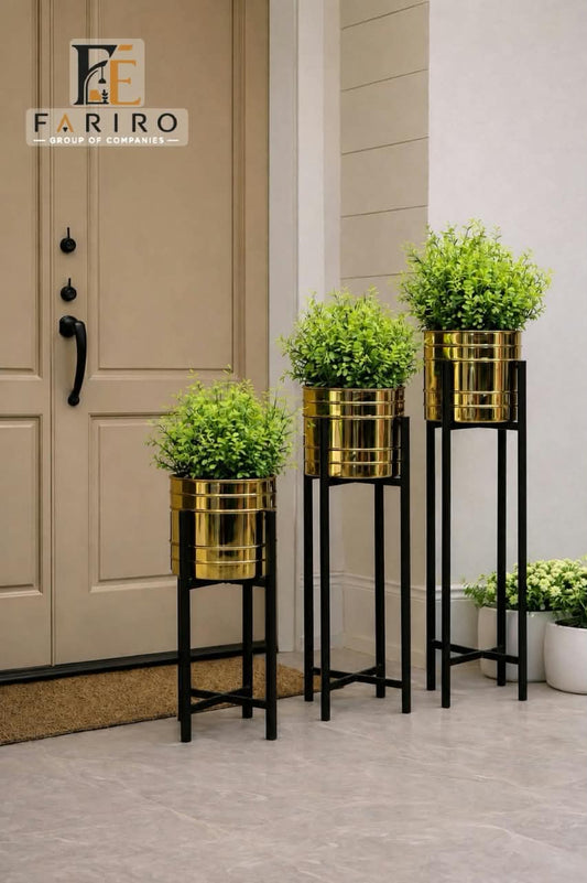 3-Piece Modern Metal Plant Stand Set with Pots Included | Black & Gold Decorative Plant Stands | Small, Medium & Large | Home Décor