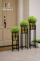3-Piece Modern Metal Plant Stand Set with Pots Included | Black & Gold Decorative Plant Stands | Small, Medium & Large | Home Décor