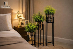 3-Piece Modern Metal Plant Stand Set with Pots Included | Black & Gold Decorative Plant Stands | Small, Medium & Large | Home Décor