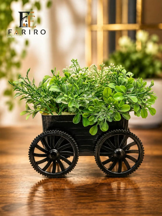 Decorative Metal Cart Planter with Pot | Vintage Style Tabletop Plant Holder | Black & White