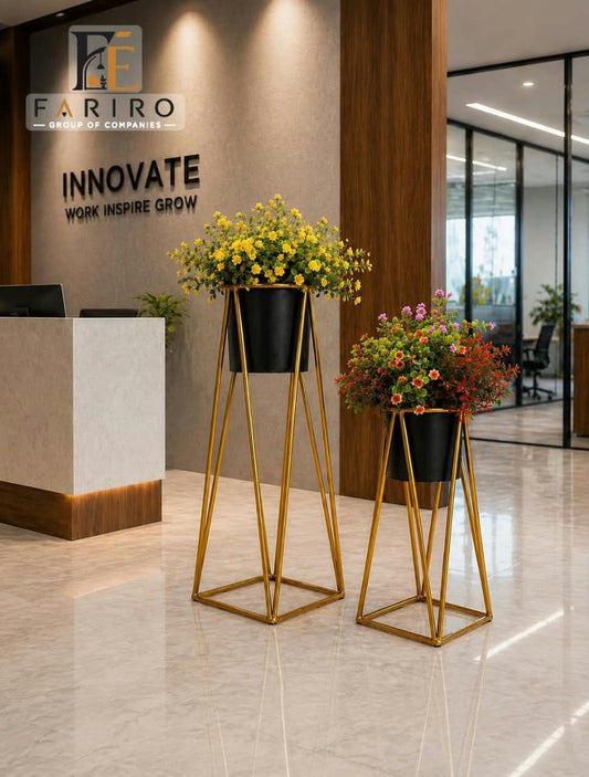 Premium Gold Metal Plant Stand Set of 2 | Modern Tall & Short Plant Stands | Black Pot Holders