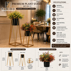 Premium Gold Metal Plant Stand Set of 2 | Modern Tall & Short Plant Stands | Black Pot Holders