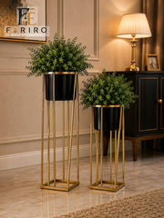 Gold & Black Metal Plant Stand Set of 2 | Tall & Short Plant Holders | Modern Home Décor