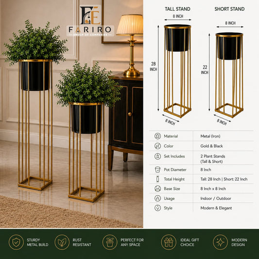 Gold & Black Metal Plant Stand Set of 2 | Tall & Short Plant Holders | Modern Home Décor