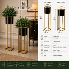 Gold & Black Metal Plant Stand Set of 2 | Tall & Short Plant Holders | Modern Home Décor