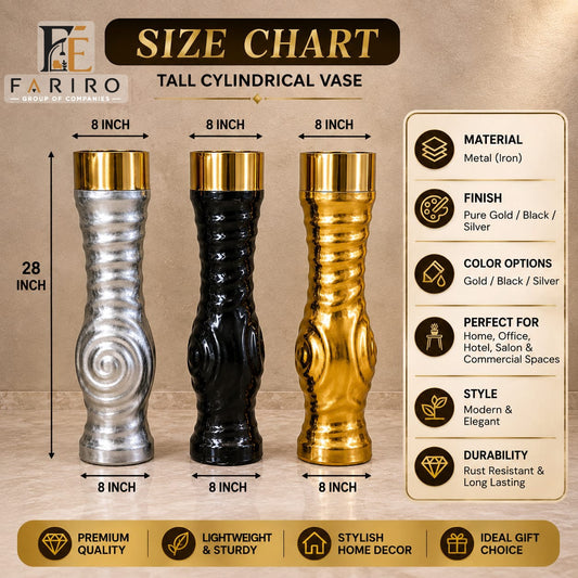 Premium Tall Cylindrical Metal Vase | 28 Inch Luxury Decorative Floor Vase | Gold, Black & Silver