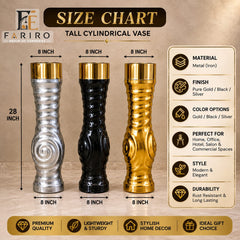 Premium Tall Cylindrical Metal Vase | 28 Inch Luxury Decorative Floor Vase | Gold, Black & Silver